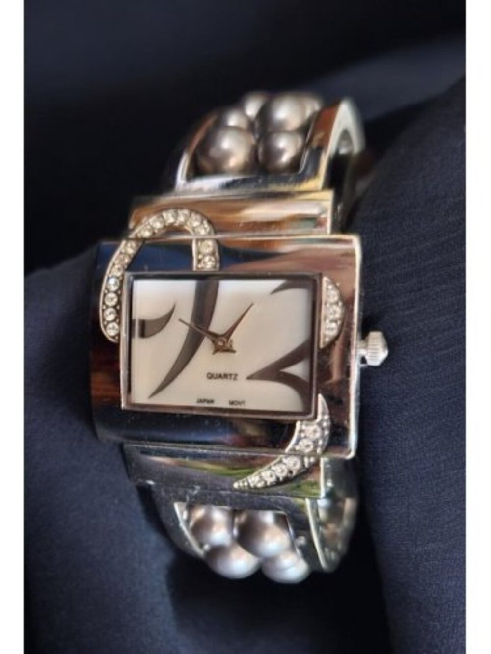 Silvertone Rhinestone Roller Beaded Strap Hinged Ladies Cuff Bracelet Watch